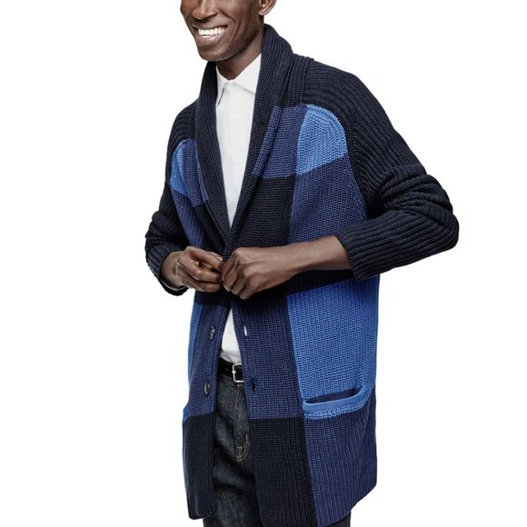 Adam Lippes Shawl Collar Plaid Cardigan in Blue Buffalo - Picture 2 of 10